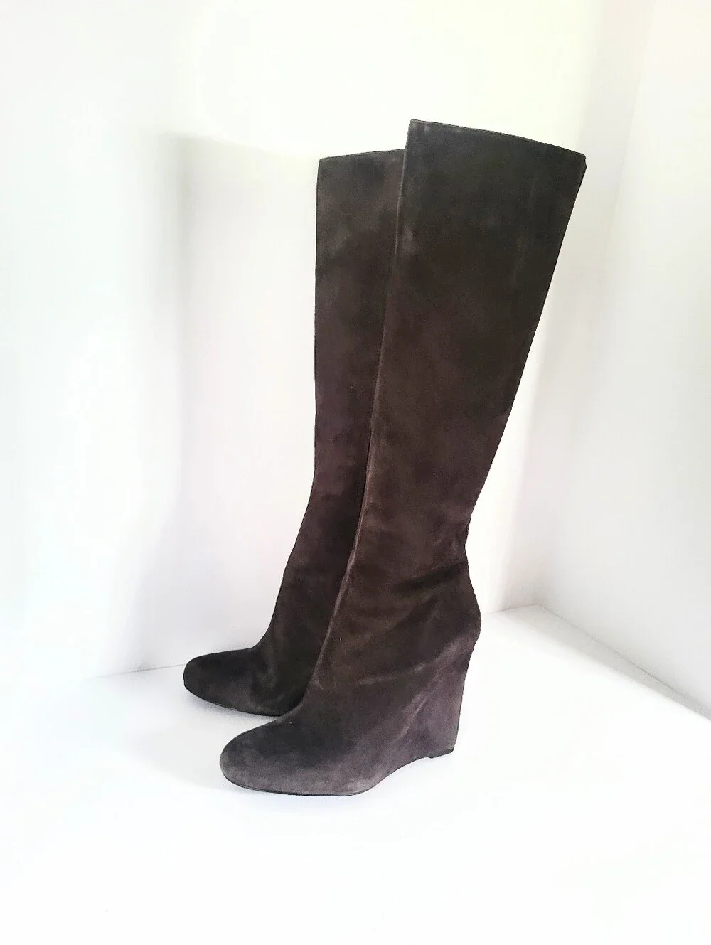 Nine West Soft Dark Esspresso Genuine Leather Suede Knee High Wedge Heel Boots 8